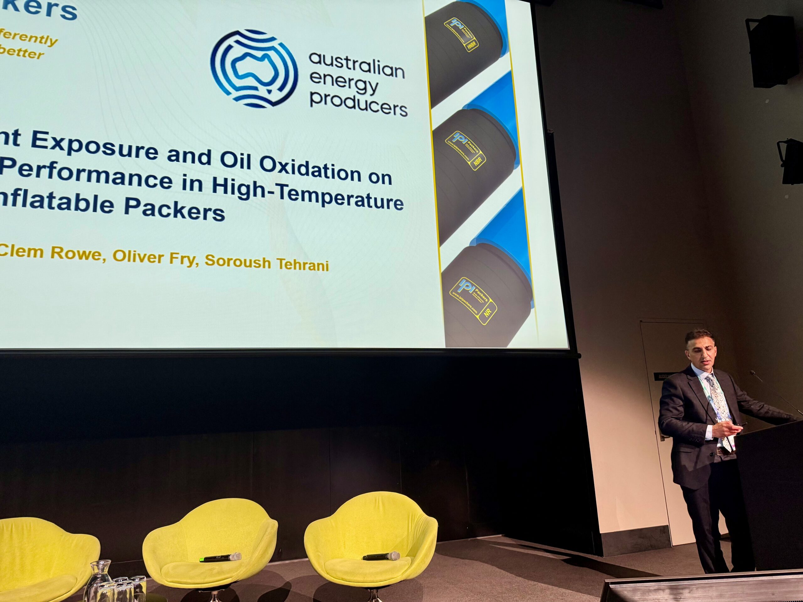 Hazim Haroosh presenting peer-reviewed IPI Packers research on HNBR elastomer performance in high-temperature inflatable packers at the Australian Energy Producers 2026 Conference.