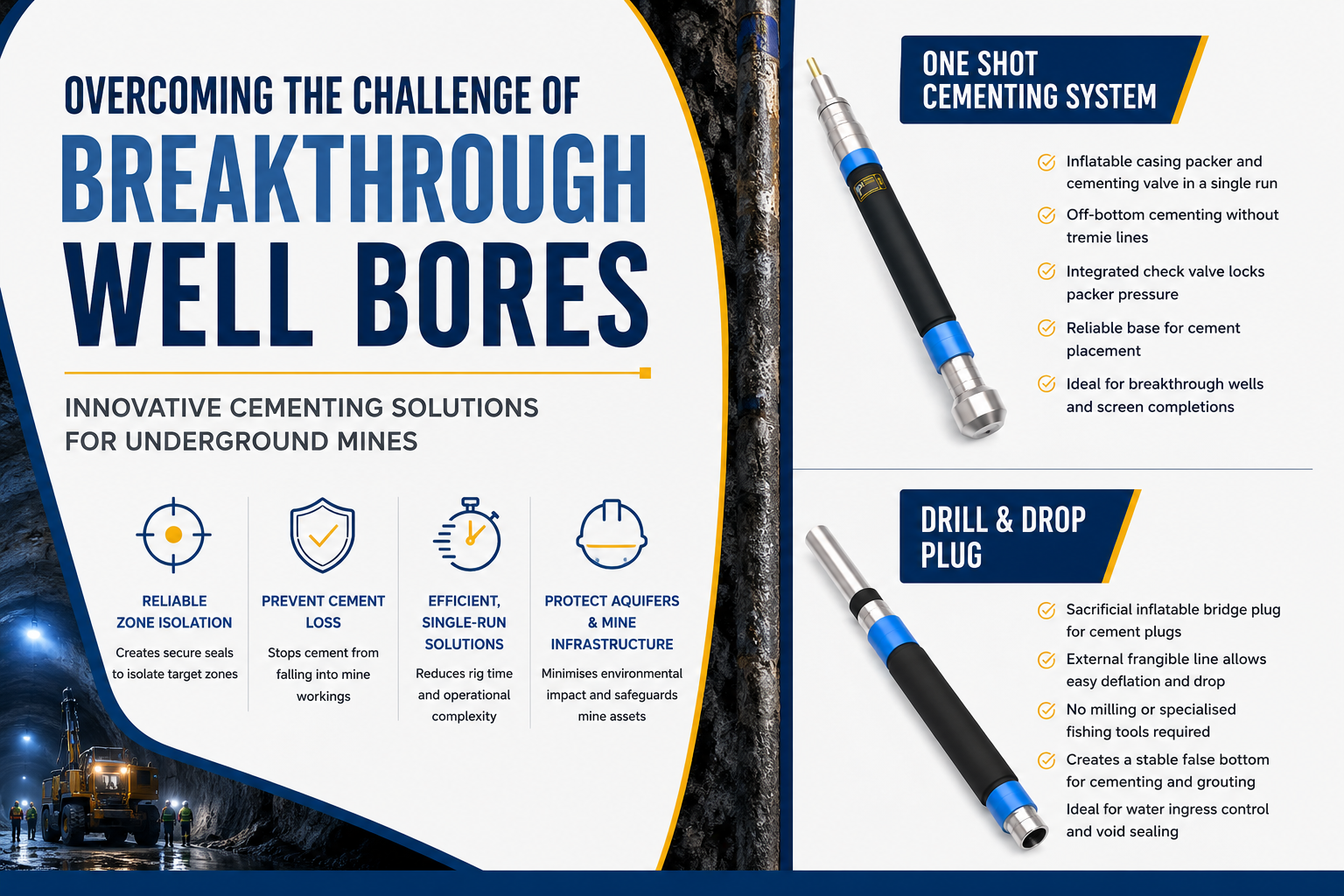 breakthrough well bore cementing using inflatable packer technology in underground mining